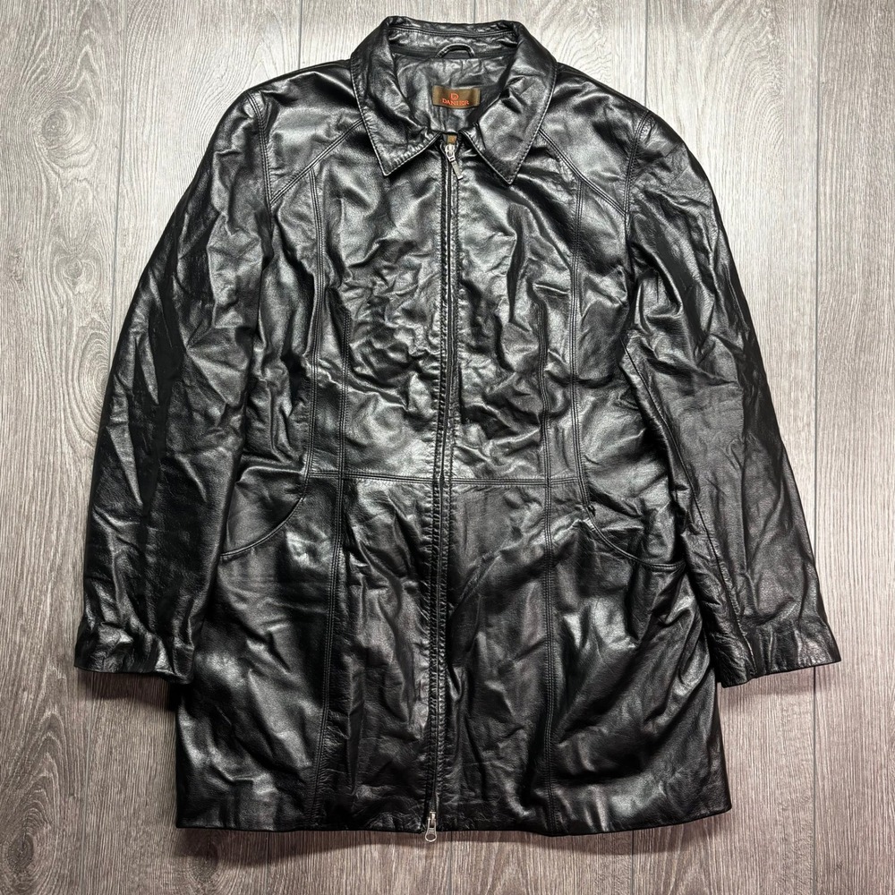 Danier Y2k Black Genuine Leather Jacket Womens Large Full Zip Collared Car Coat